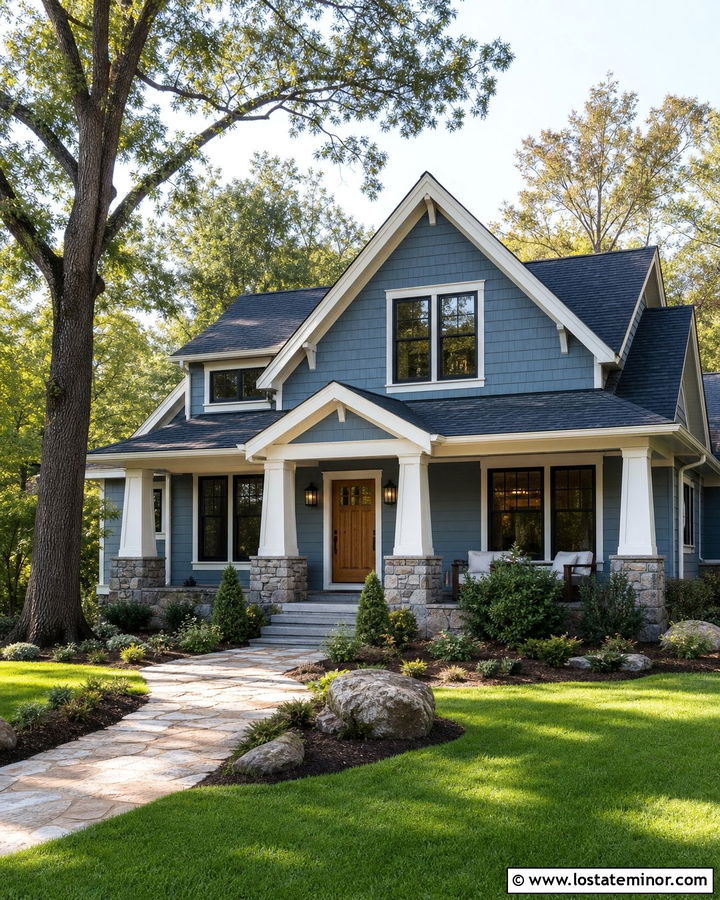 Dusty Blue Craftsman With Black Lanterns - 30 Dusty Blue House Design With Light Fixtures Ideas