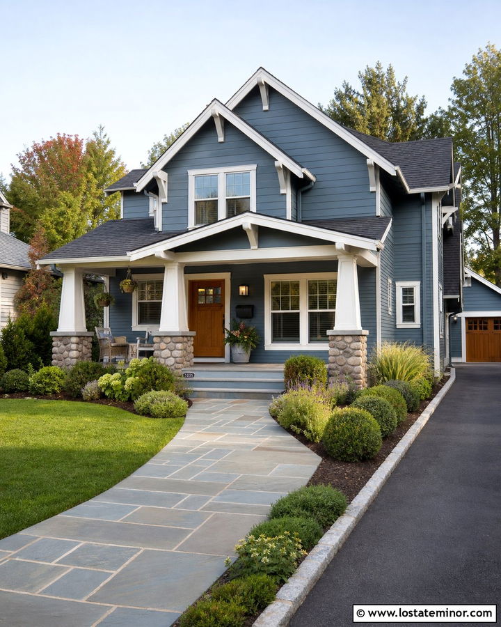 Dusty Blue Craftsman With Bluestone Walkway - 30 Dusty Blue House Design With Walkway Ideas