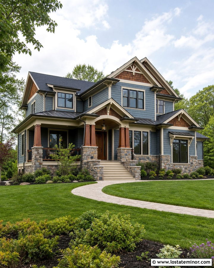 Dusty Blue Craftsman With Bronze Window Frames - 30 Dusty Blue House Design With Window Frames Ideas