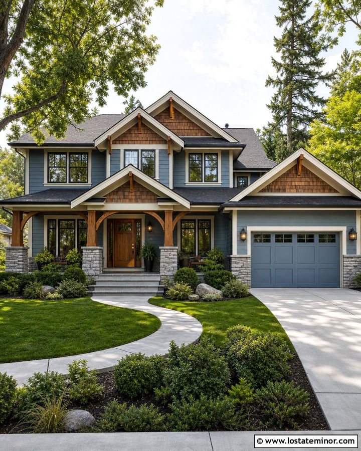 Dusty Blue Craftsman With Cedar Shake Gables - 30 Dusty Blue House Design With Accents Ideas
