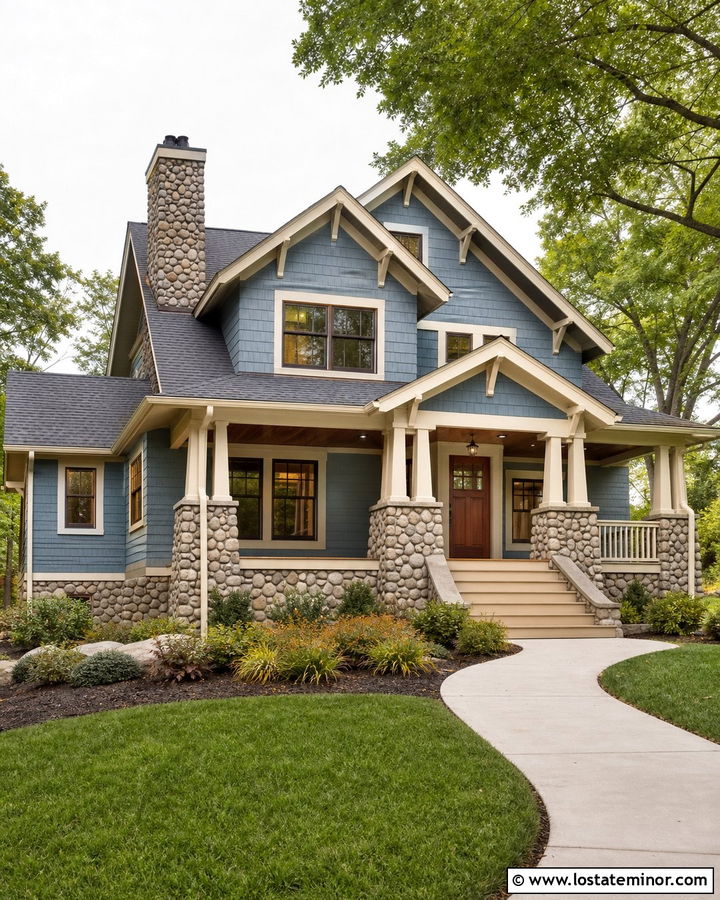 Dusty Blue Craftsman With Cobblestone Wainscoting - 30 Dusty Blue House Design With Wainscoting Ideas