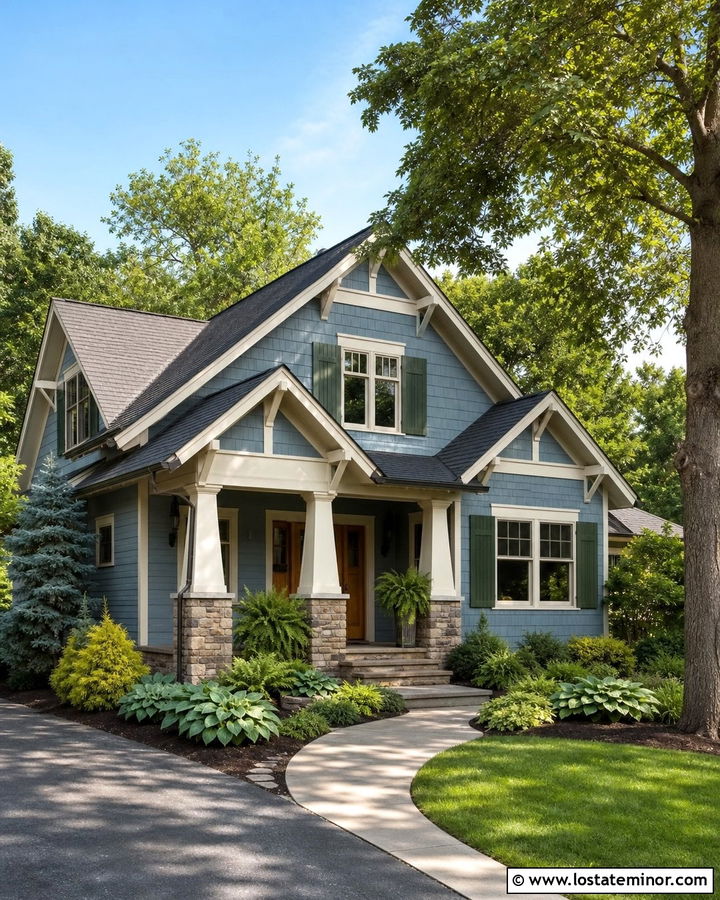 Dusty Blue Craftsman With Forest Green Shutters - 30 Dusty Blue House Design With Shutters Ideas