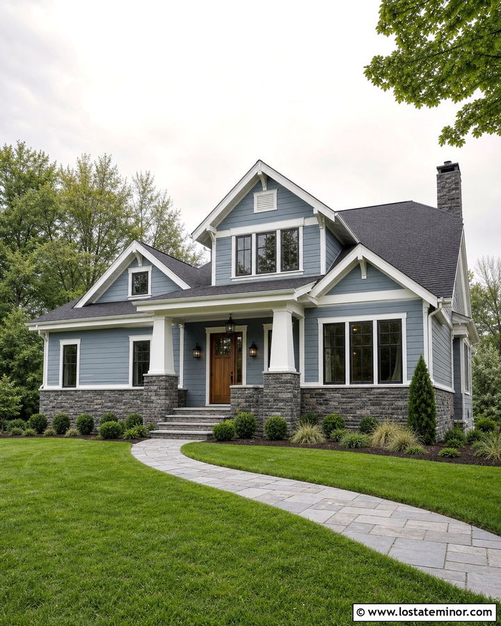 Dusty Blue Craftsman With Gray Ledgestone - 30 Dusty Blue House Design With Stone Accents Ideas