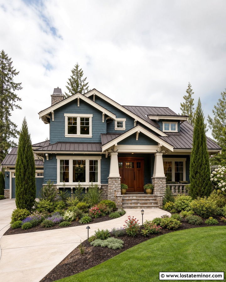 Dusty Blue Craftsman With Layered Shrub Front Yard - 30 Dusty Blue House Design With Front Yard Ideas