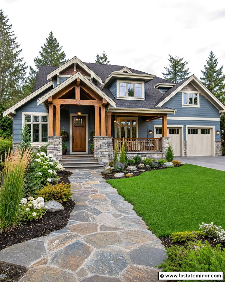 Dusty Blue Craftsman With Mixed Stone Walkway - 30 Dusty Blue House Design With Walkway Ideas