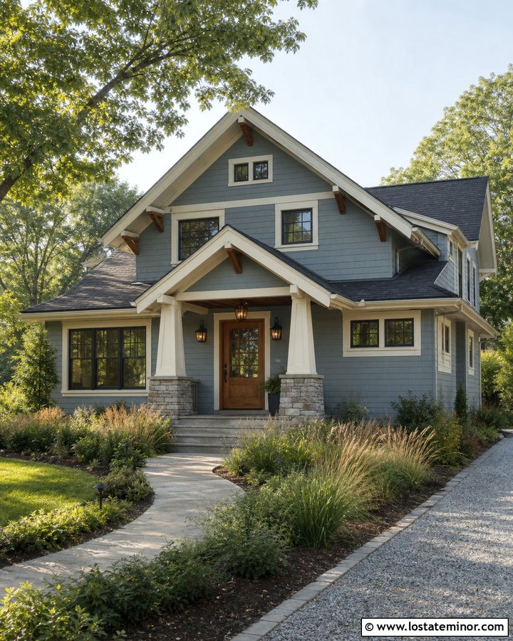 Dusty Blue Craftsman With Natural Wood Front Door - 30 Dusty Blue House Design With Entry Door Ideas