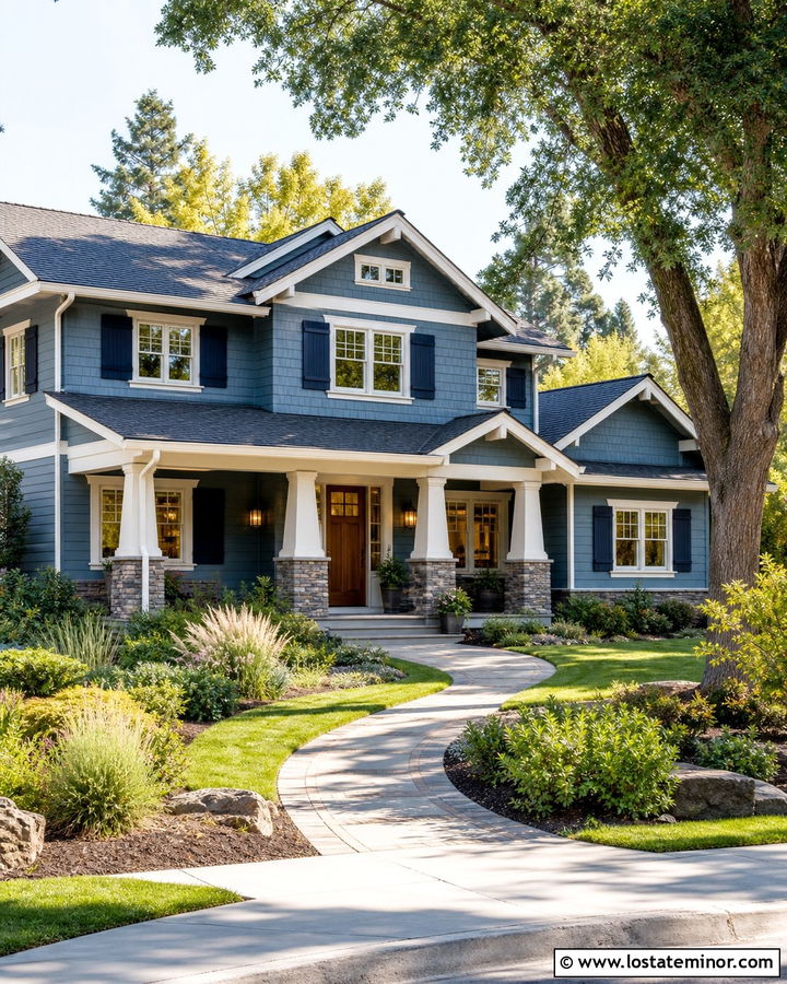 Dusty Blue Craftsman With Navy Shutters - 30 Dusty Blue House Design With Shutters Ideas
