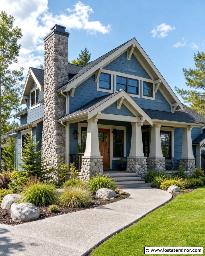 Dusty Blue Craftsman With River Rock Chimney - 30 Dusty Blue House Design With Chimney Ideas