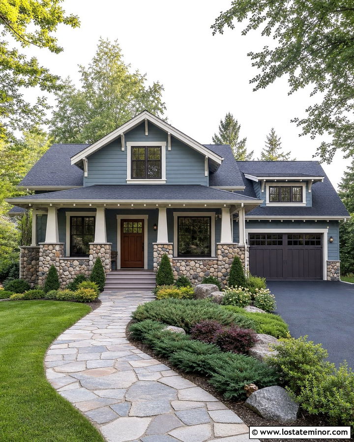 Dusty Blue Craftsman With River Rock Wainscoting - 30 Dusty Blue House Design With Wainscoting Ideas
