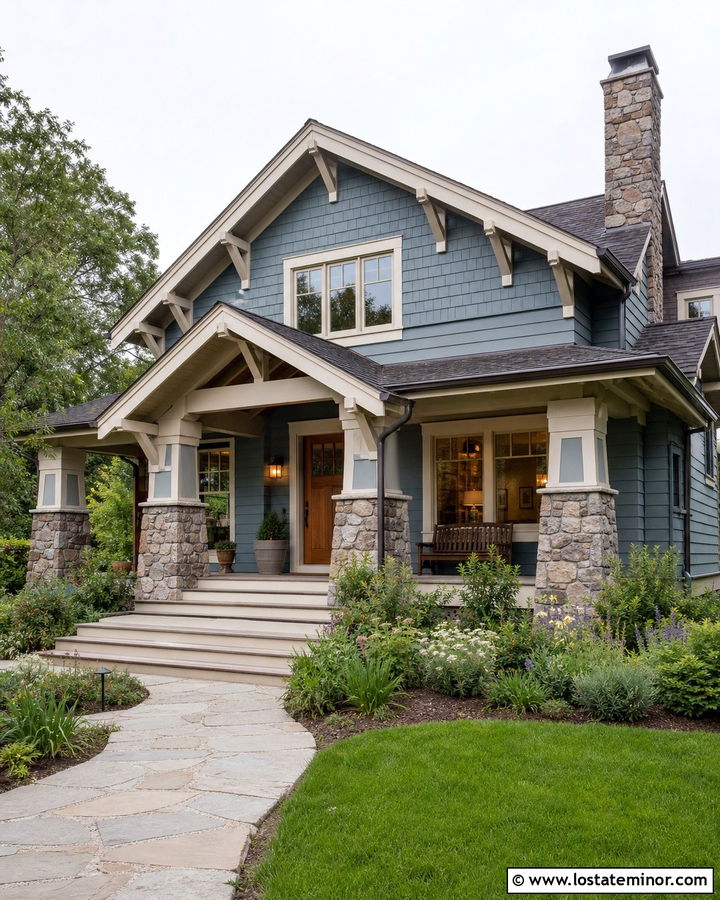 Dusty Blue Craftsman With Stone And Shingles - 30 Dusty Blue House Design With Shingles Ideas
