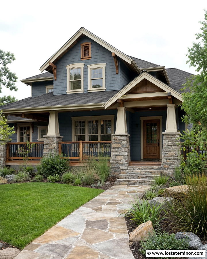 Dusty Blue Craftsman With Stone Porch Railings - 30 Dusty Blue House Design With Railings Ideas