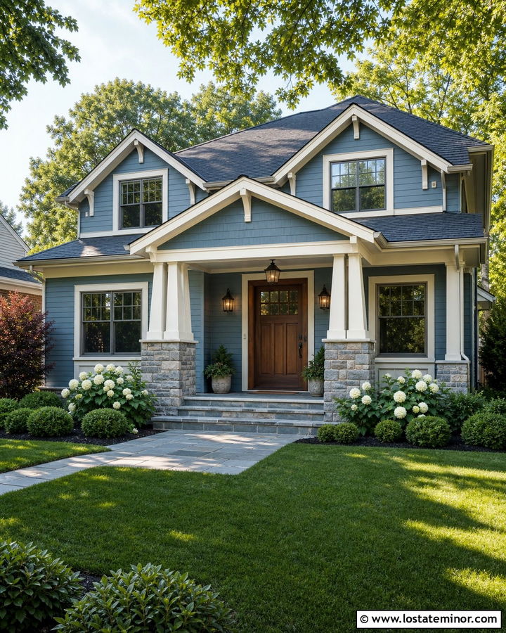 Dusty Blue Craftsman With Stone Portico - 30 Dusty Blue House Design With Portico Ideas