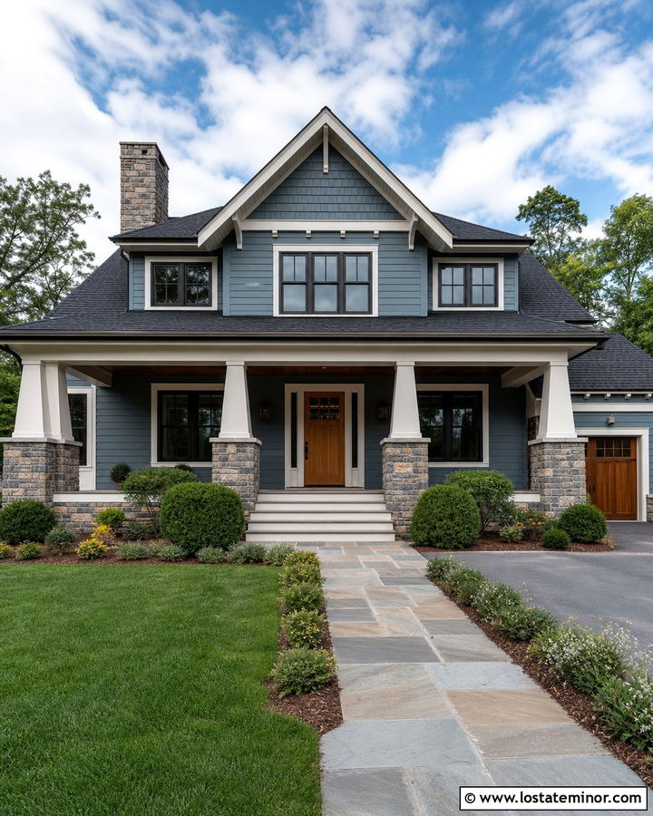 Dusty Blue Craftsman With Tapered Stone Columns - 30 Dusty Blue House Design With Porch Columns Ideas