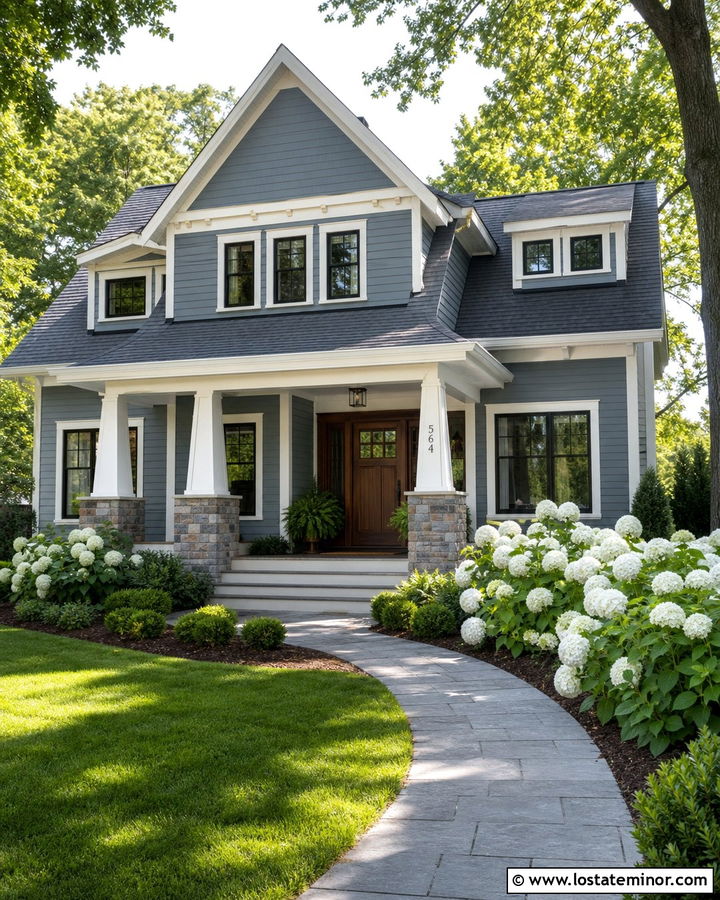Dusty Blue Craftsman With White Hydrangeas - 30 Dusty Blue House Design With Landscaping Ideas