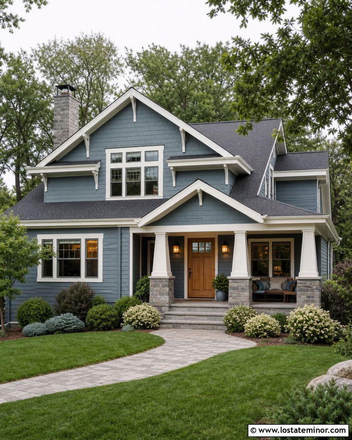 Dusty Blue Craftsman With White Trim And Wood Door - 30 Dusty Blue House Design With Accents Ideas