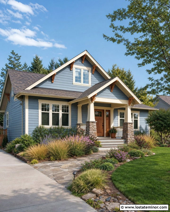 Dusty Blue Craftsman With Wood Door And Native Grass Front Yard - 30 Dusty Blue House Design With Front Yard Ideas