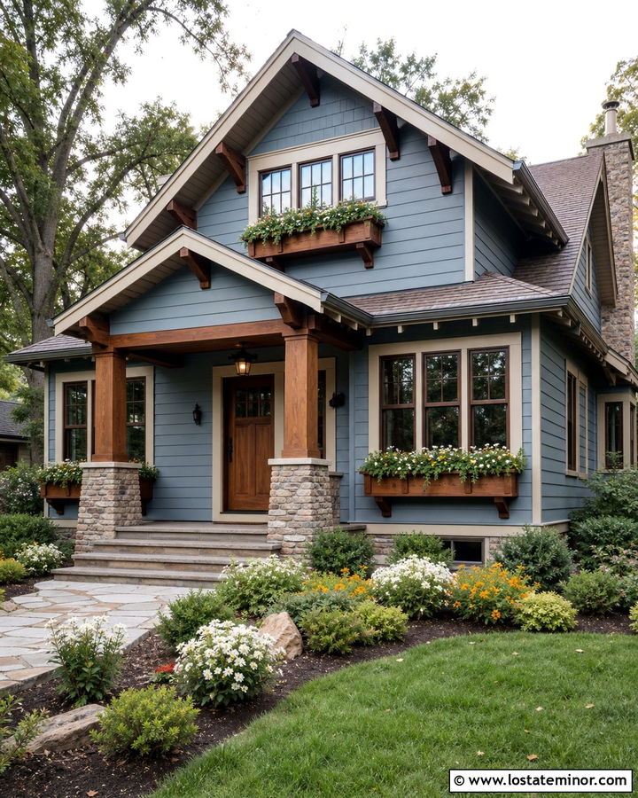 Dusty Blue Craftsman With Wood Window Boxes - 30 Dusty Blue House Design With Window Boxes Ideas
