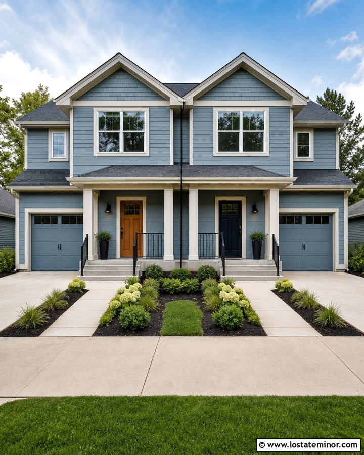Dusty Blue Duplex With Matching Black Sconces - 30 Dusty Blue House Design With Light Fixtures Ideas