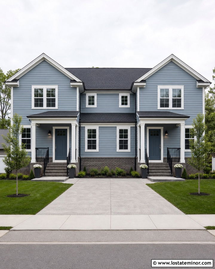 Dusty Blue Duplex With Matching Blue Doors - 30 Dusty Blue House Design With Entry Door Ideas