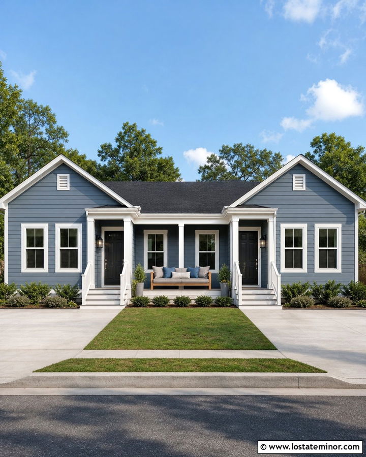 Dusty Blue Duplex With Shared Daybed Porch - 30 Dusty Blue House Design With Daybed Ideas