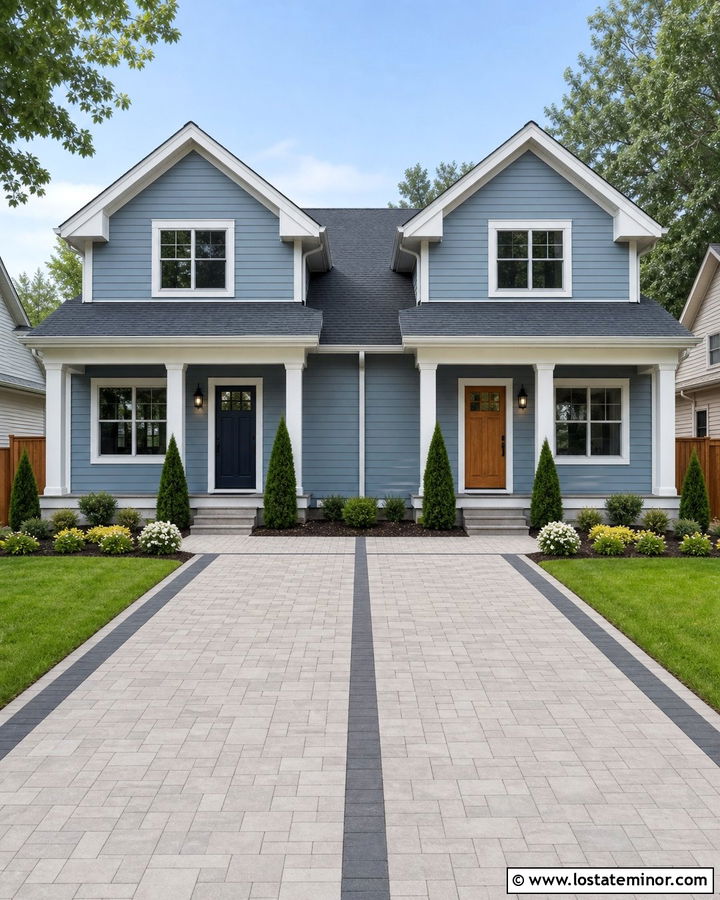 Dusty Blue Duplex With Shared Paver Driveway - 30 Dusty Blue House Design With Driveway Ideas