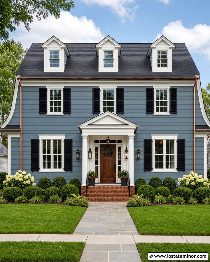 Dusty Blue Dutch Colonial With Carriage Lights - 30 Dusty Blue House Design With Light Fixtures Ideas