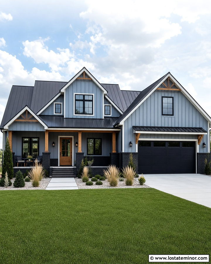 Dusty Blue Farmhouse With Black Brick Wainscoting - 30 Dusty Blue House Design With Wainscoting Ideas