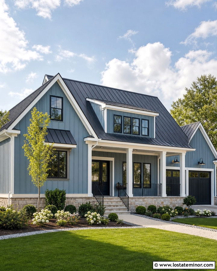 Dusty Blue Farmhouse With Black Railings - 30 Dusty Blue House Design With Railings Ideas