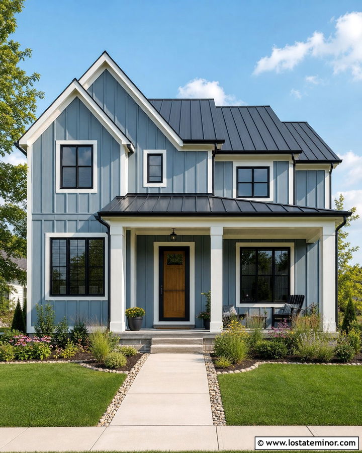 Dusty Blue Farmhouse With Black Screen Door - 30 Dusty Blue House Design With Screen Door Ideas