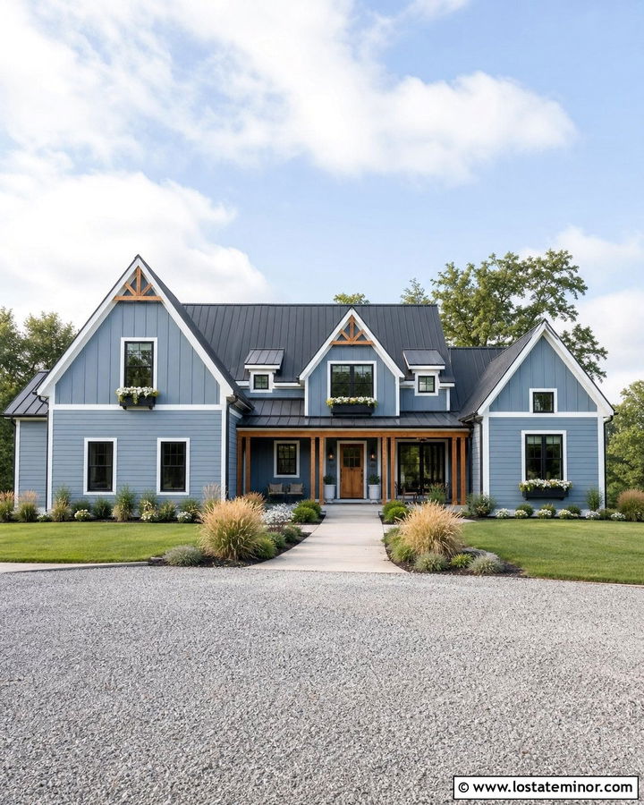 Dusty Blue Farmhouse With Black Window Boxes - 30 Dusty Blue House Design With Window Boxes Ideas