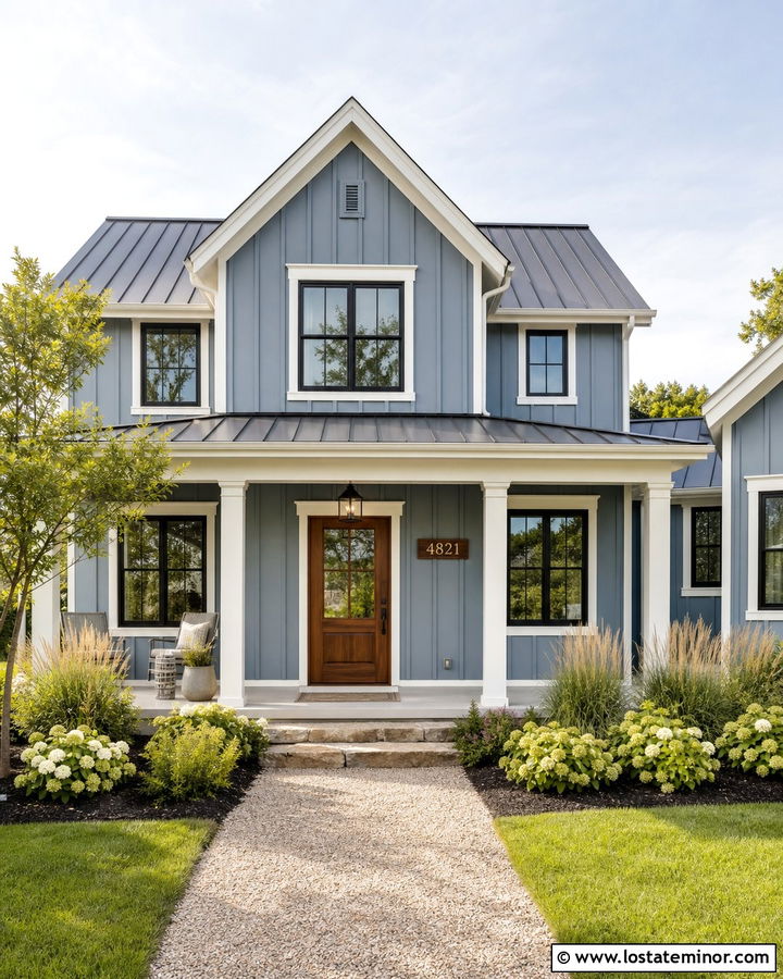 Dusty Blue Farmhouse With Brass House Numbers - 30 Dusty Blue House Design With House Numbers Ideas