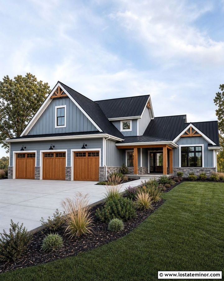 Dusty Blue Farmhouse With Cedar Garage Doors - 30 Dusty Blue House Design With Garage Door Ideas
