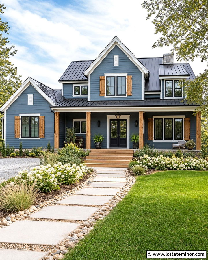 Dusty Blue Farmhouse With Cedar Shutters - 30 Dusty Blue House Design With Shutters Ideas