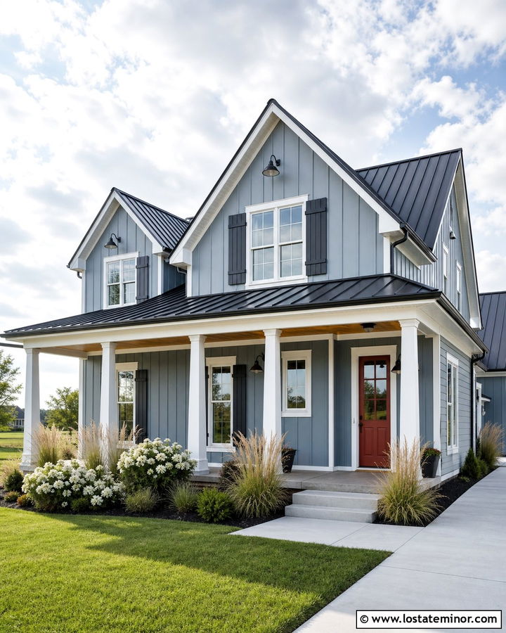 Dusty Blue Farmhouse With Charcoal Shutters - 30 Dusty Blue House Design With Shutters Ideas