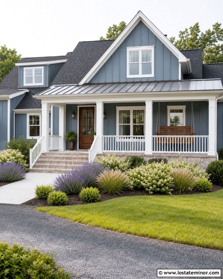 Dusty Blue Farmhouse With Chunky White Columns - 30 Dusty Blue House Design With Porch Columns Ideas