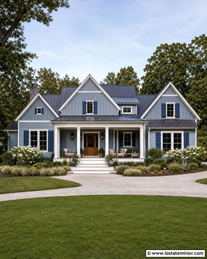 Dusty Blue Farmhouse With Dusty Blue Shutters - 30 Dusty Blue House Design With Shutters Ideas