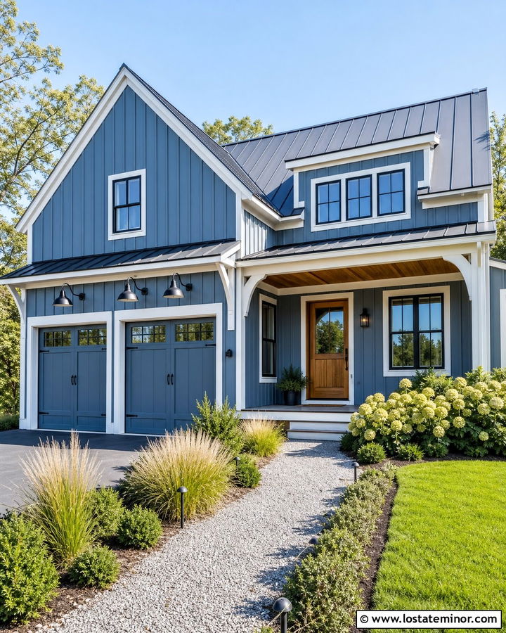 Dusty Blue Farmhouse With Gooseneck Lights - 30 Dusty Blue House Design With Light Fixtures Ideas