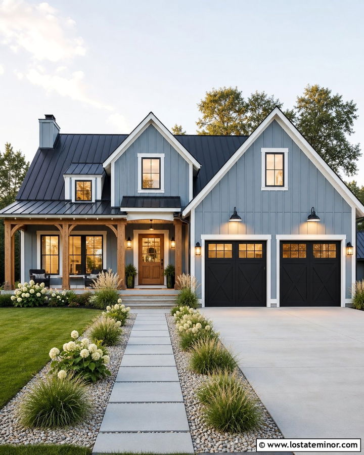 Dusty Blue Farmhouse With Gooseneck Lights - 30 Dusty Blue House Design With Lighting Ideas