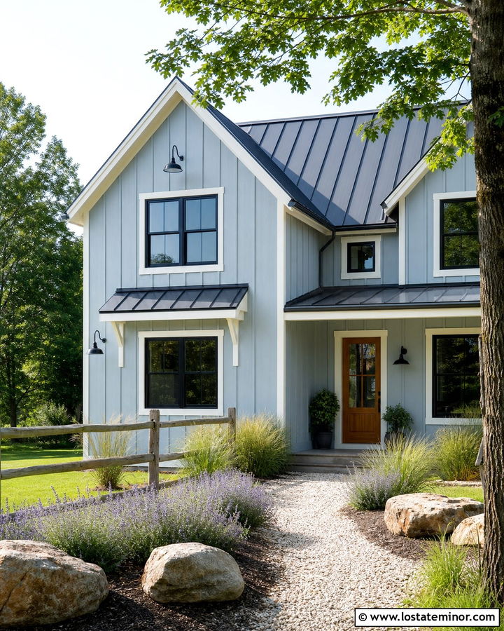 Dusty Blue Farmhouse With Gravel Path Front Yard - 30 Dusty Blue House Design With Front Yard Ideas