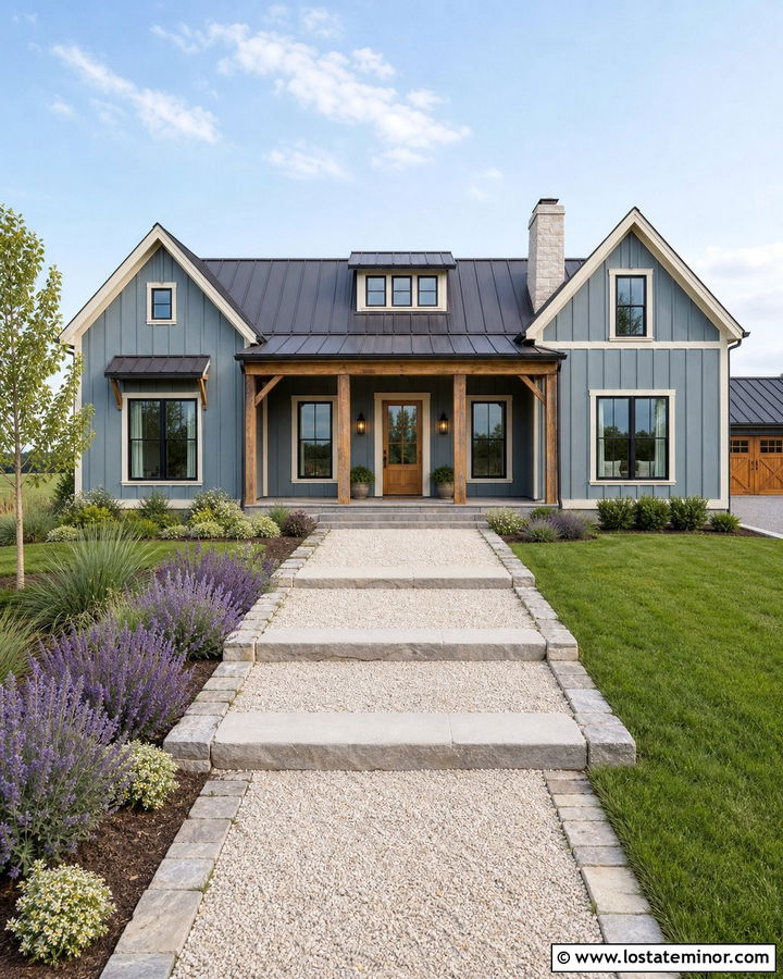 Dusty Blue Farmhouse With Gravel Walkway - 30 Dusty Blue House Design With Walkway Ideas