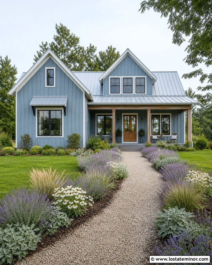 Dusty Blue Farmhouse With Lavender Walkway - 30 Dusty Blue House Design With Landscaping Ideas