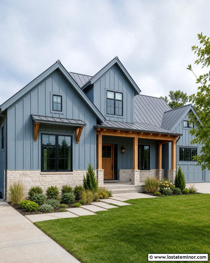 Dusty Blue Farmhouse With Limestone Wainscoting - 30 Dusty Blue House Design With Wainscoting Ideas