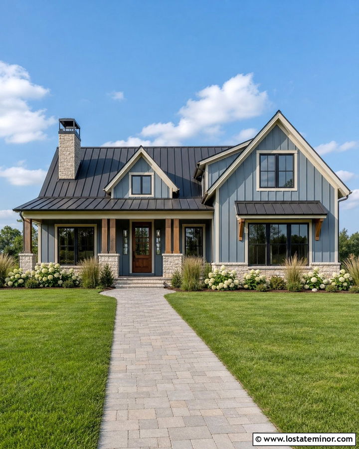 Dusty Blue Farmhouse With Limestone - 30 Dusty Blue House Design With Stone Accents Ideas