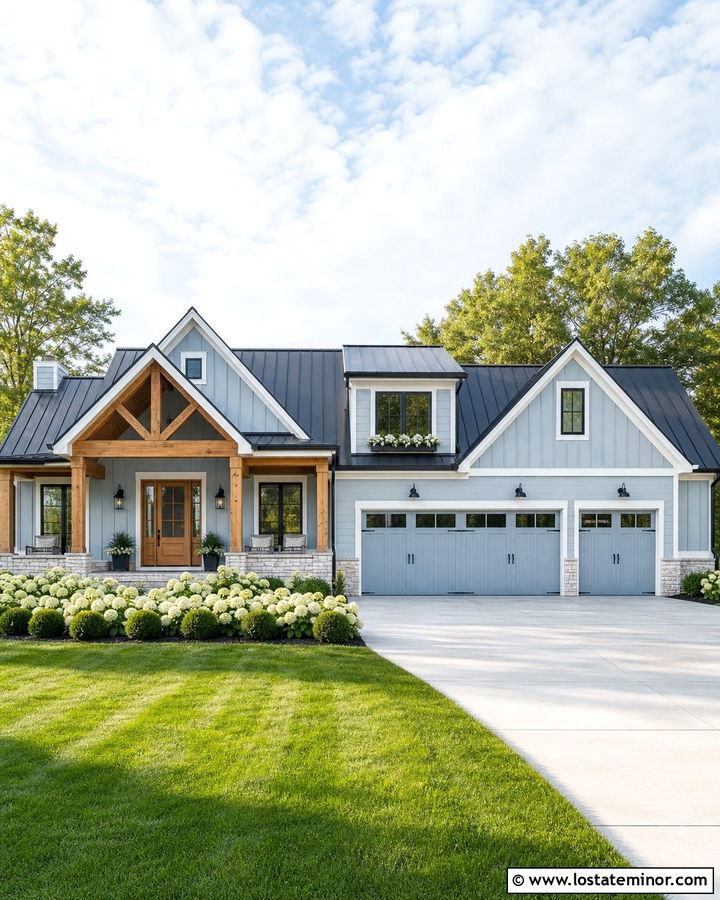 Dusty Blue Farmhouse With Matching Garage Door - 30 Dusty Blue House Design With Garage Door Ideas