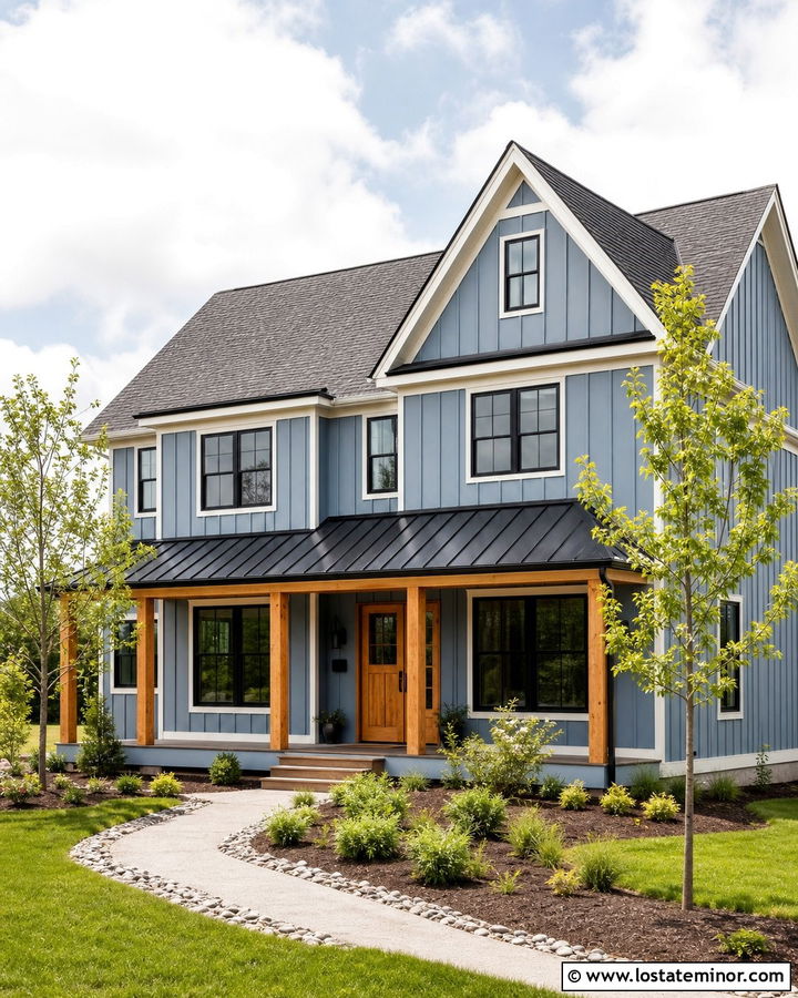 Dusty Blue Farmhouse With Metal Roof Portico - 30 Dusty Blue House Design With Portico Ideas