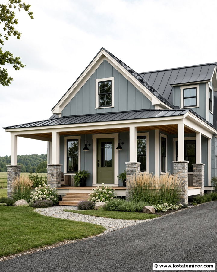 Dusty Blue Farmhouse With Olive Green Door - 30 Dusty Blue House Design With Entry Door Ideas