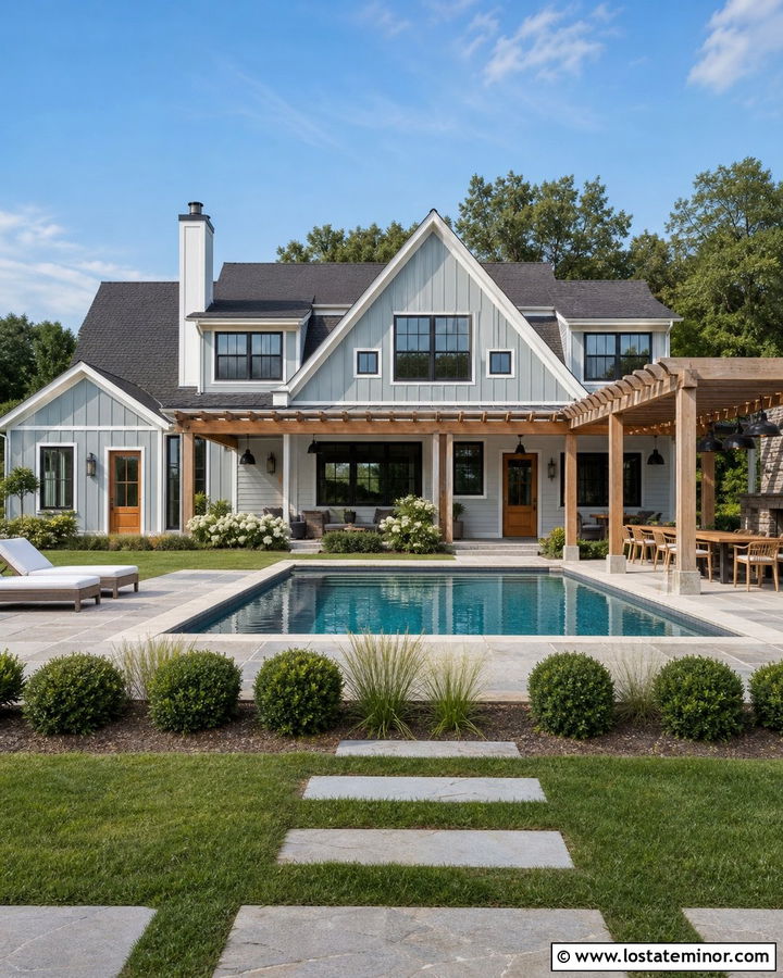 Dusty Blue Farmhouse With Pool And Pergola - 30 Dusty Blue House Design With Swimming Pool Ideas