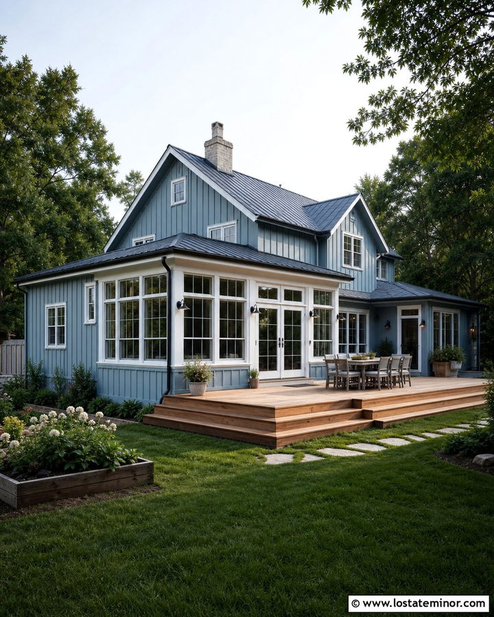 Dusty Blue Farmhouse With Rear Sunroom - 30 Dusty Blue House Design With Sunroom Ideas