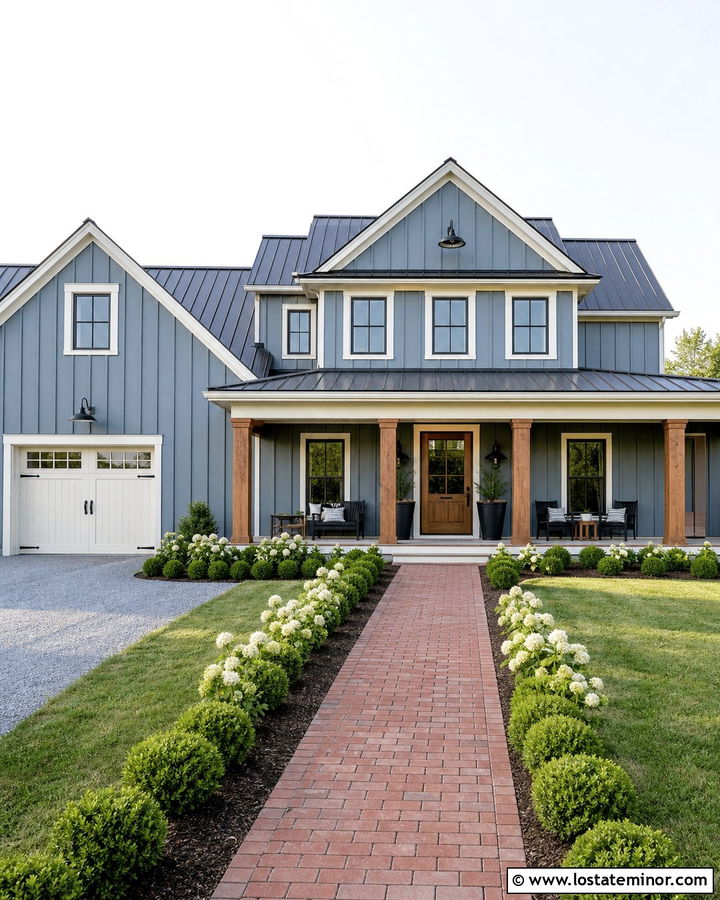 Dusty Blue Farmhouse With Red Paver Walkway - 30 Dusty Blue House Design With Walkway Ideas