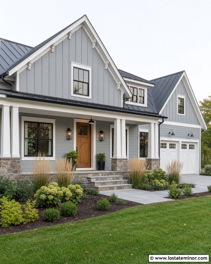 Dusty Blue Farmhouse With Stained Oak Door - 30 Dusty Blue House Design With Entry Door Ideas